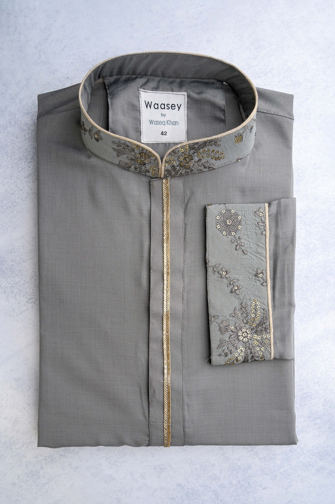 Grey Panjabi with Embroidered Collar & Pocket